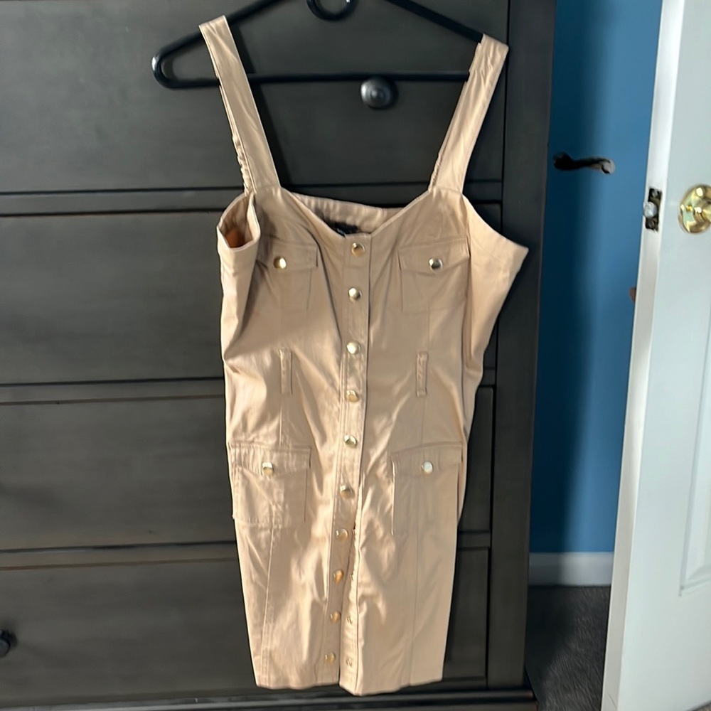 Khaki color dress with gold buttons
